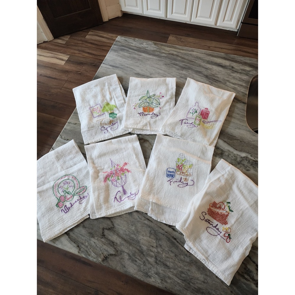 Vintage Days of the Week Hand Embroidered Kitchen Towels Set of 7 White